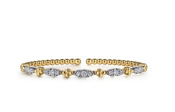 14K White & Yellow Gold Bujukan Beads and Diamond Station Split Bangle Bracelet