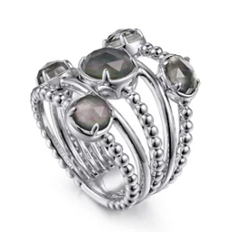 925 Sterling Silver Rock Crystal and Black Mother of Pearl Statement Bubble Ring by Gabriel
