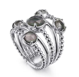 925 Sterling Silver Rock Crystal and Black Mother of Pearl Statement Bubble Ring