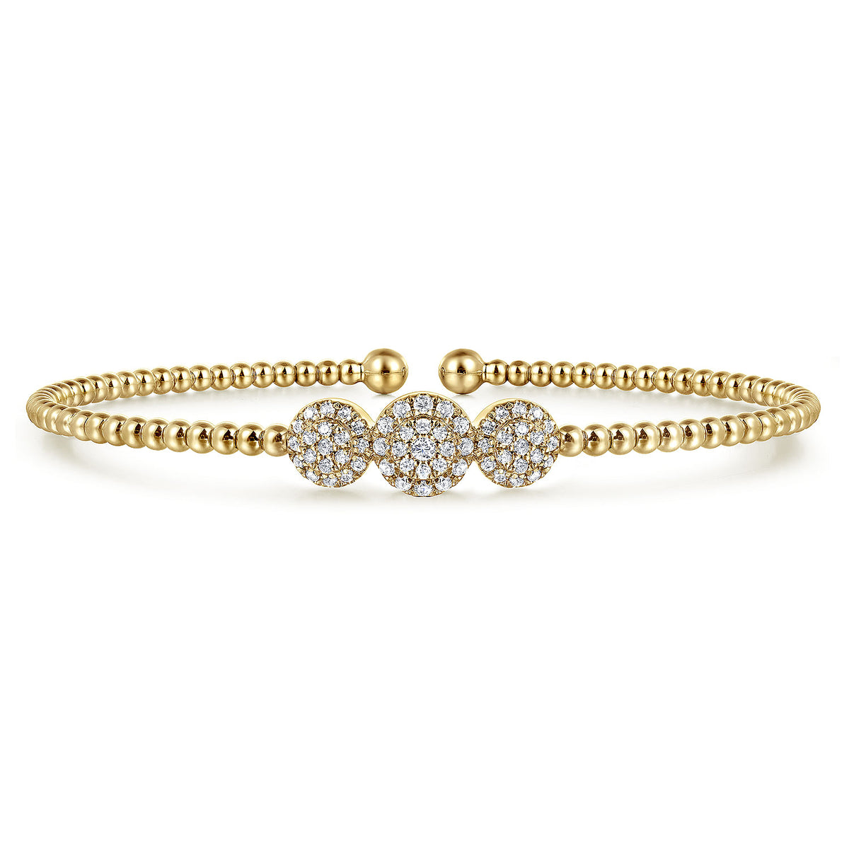 14K Yellow Gold Bujukan Bead Cuff Bracelet with Three Pavé Diamond Stations by Gabriel & Co.
