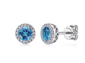 14K White Gold Blue Topaz and Diamond Halo Stud Earrings by Gabriel