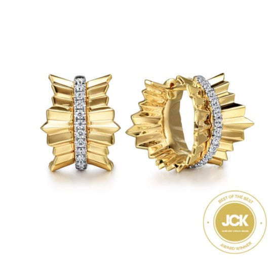 14K Yellow Gold Diamond Huggie in size 15mm with Diamond Cut Texture by Gabriel & Co.