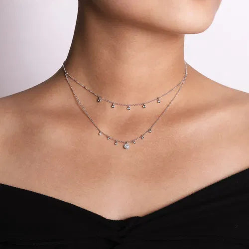 14k White Gold Layered Diamond Charm Drop Necklace by Gabriel & Co.