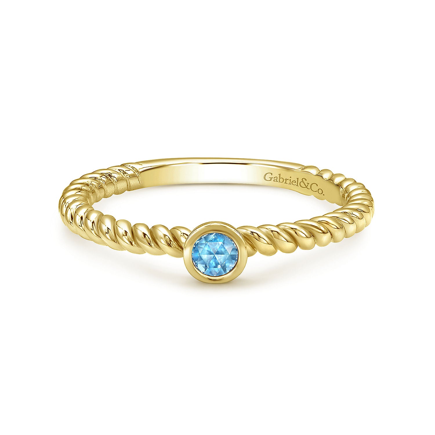14K Yellow Gold Bezel Set Blue Topaz Ring with Twisted Rope Shank
