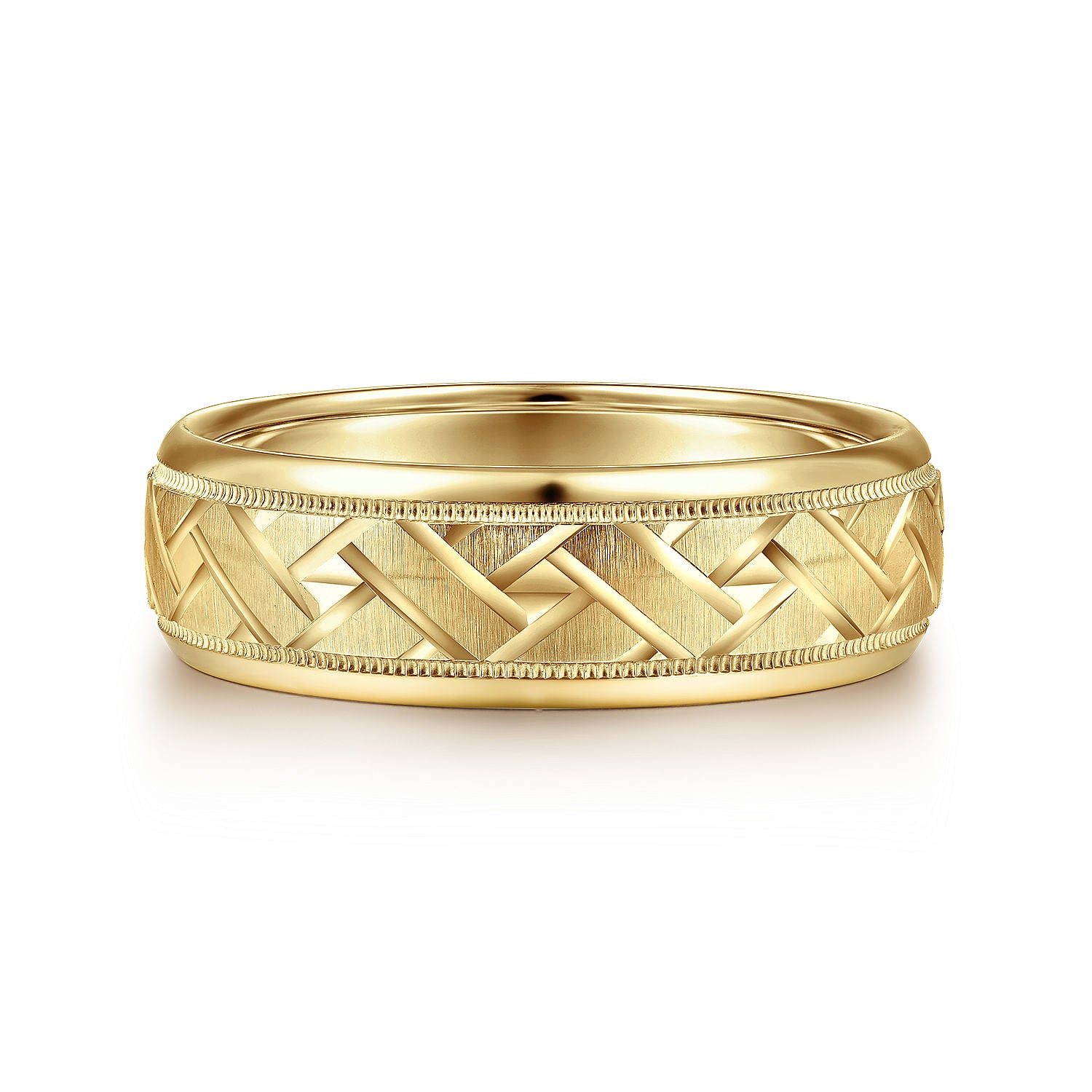 14K Yellow Gold 7mm - Engraved Woven Men's Wedding Band in Satin Finish