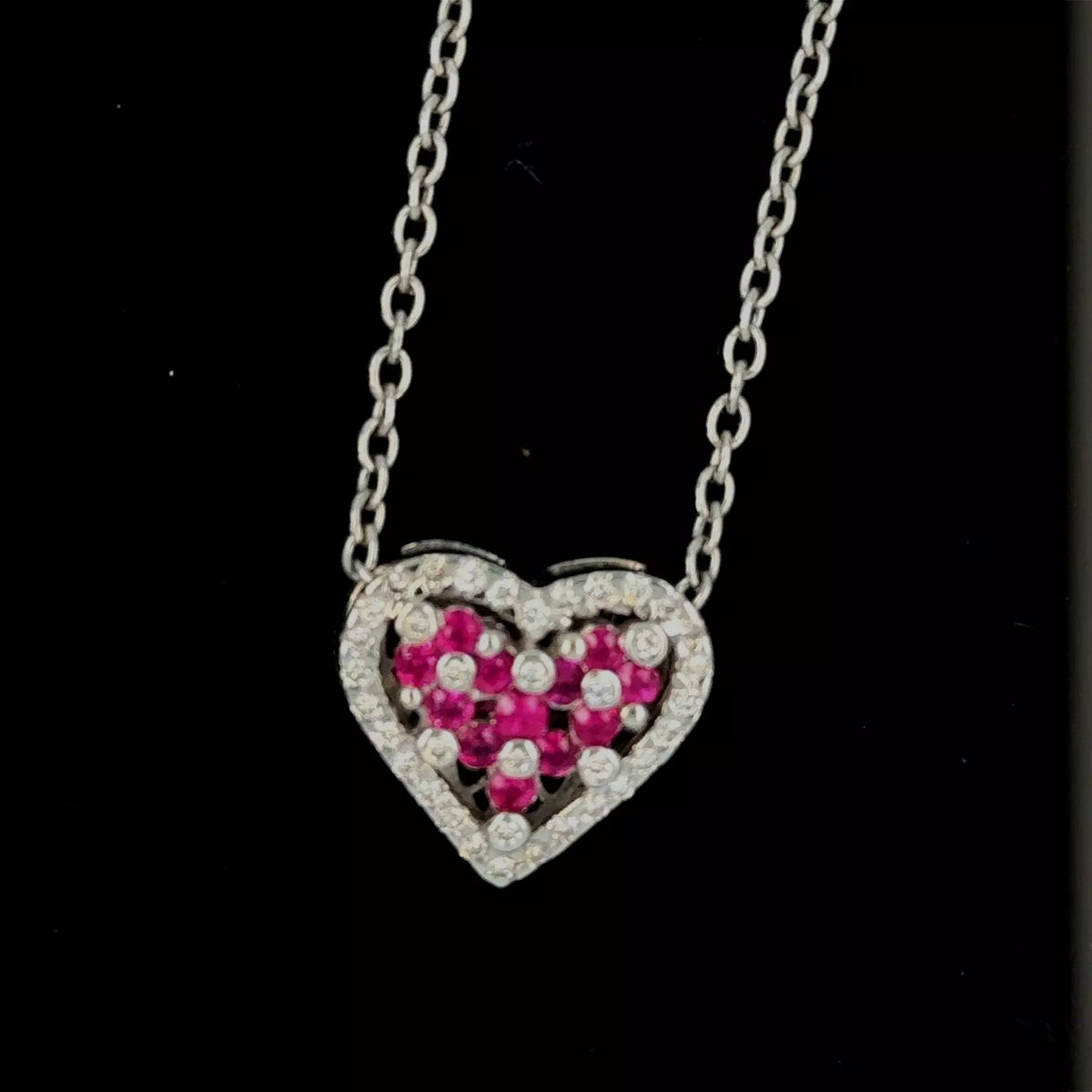14k White Gold Diamond Heart Pendant With Rubies