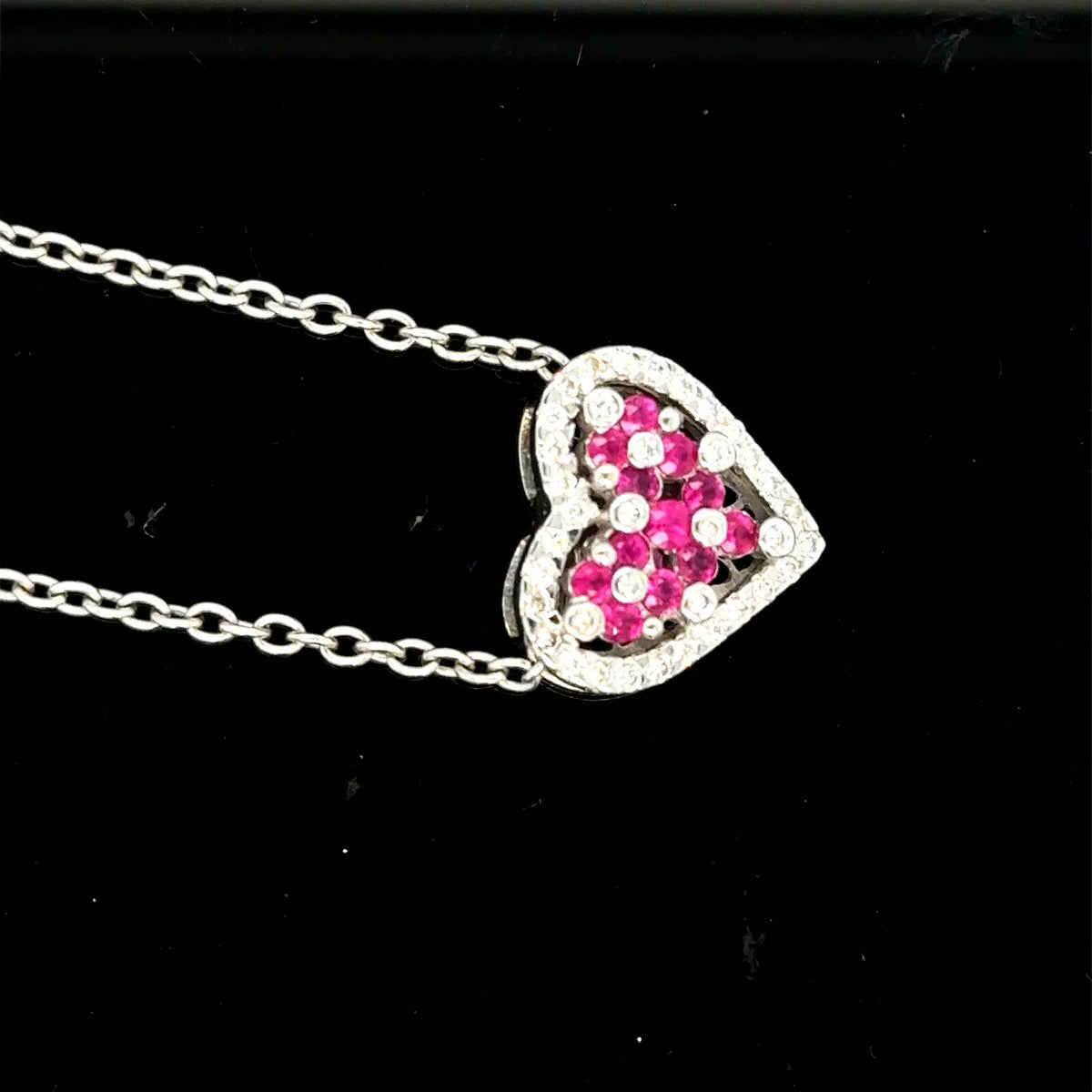 14k White Gold Diamond Heart Pendant With Rubies