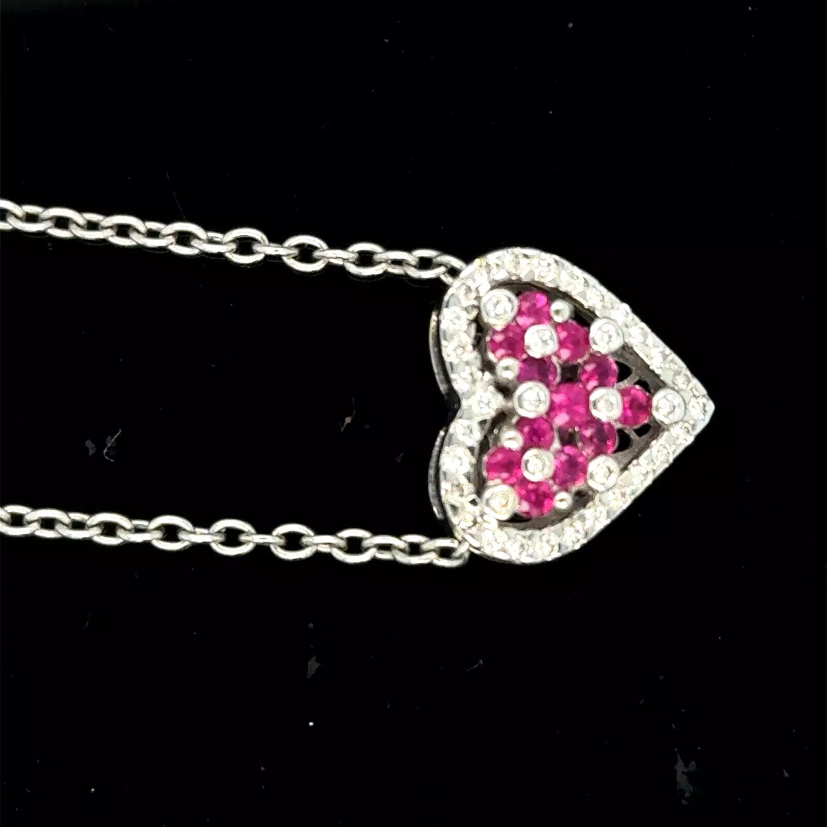 14k White Gold Diamond Heart Pendant With Rubies