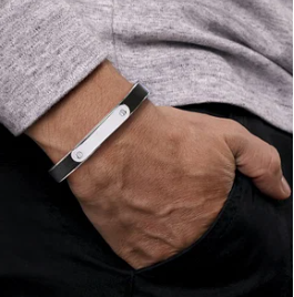 925 Sterling Silver and Leather ID Cuff Bracelet by Gabriel
