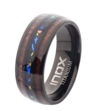 Titanium Black IP Wood & Opal Inlay Ring by Inox