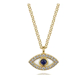 Enamel - Pendant Necklace Evil Eye 14K Yellow Gold Diamond and Blue Sapphire White Enamel 0.08ct by Gabriel & Co.