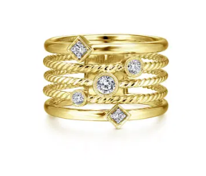 14K Yellow Gold Five Row Twisted Rope and Diamond Station Ring by Gabriel