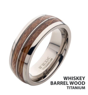 8mm Clear Resin & Whiskey Barrel Wood Inlay Titanium Comfort Fit Ring by Inox