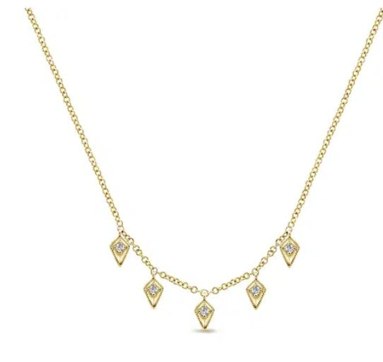 14K Yellow Gold Kite Shaped Drops Station Necklace with Diamonds by Gabriel & Co.