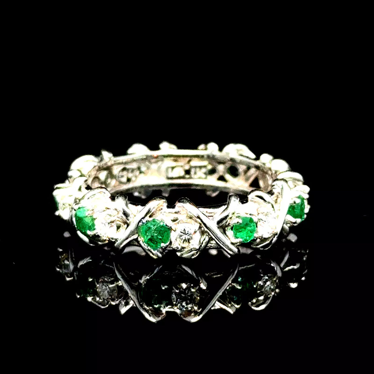 Vintage Estate 14k White Gold Diamond and Emerald Ring