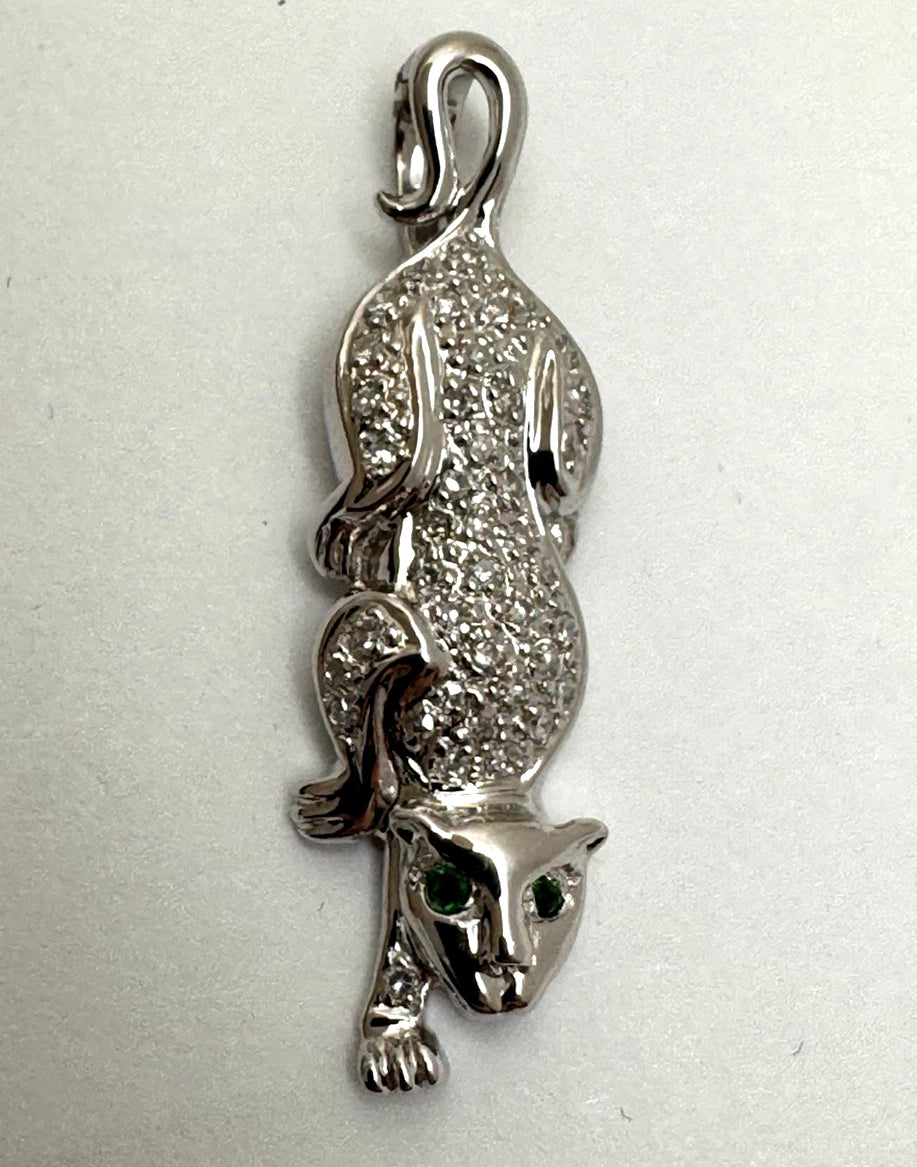 14k White Gold Diamond And Emerald Pendant Cat Panther 4.5 grams