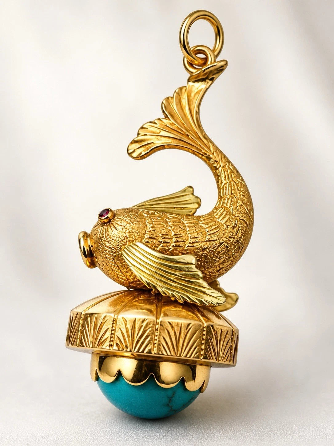 Vintage Estate 18K Yellow Gold Fish Charm Turquoise Ruby Koi Pendant