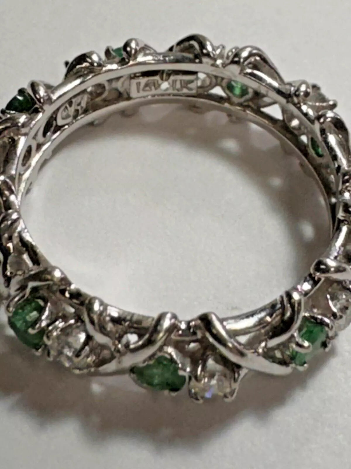 Vintage Estate 14k White Gold Diamond and Emerald Ring