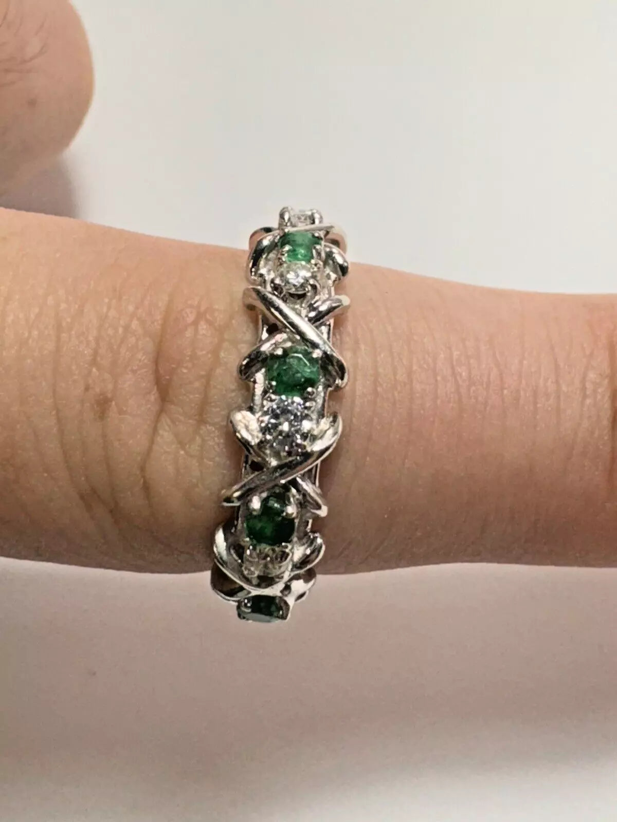 Vintage Estate 14k White Gold Diamond and Emerald Ring