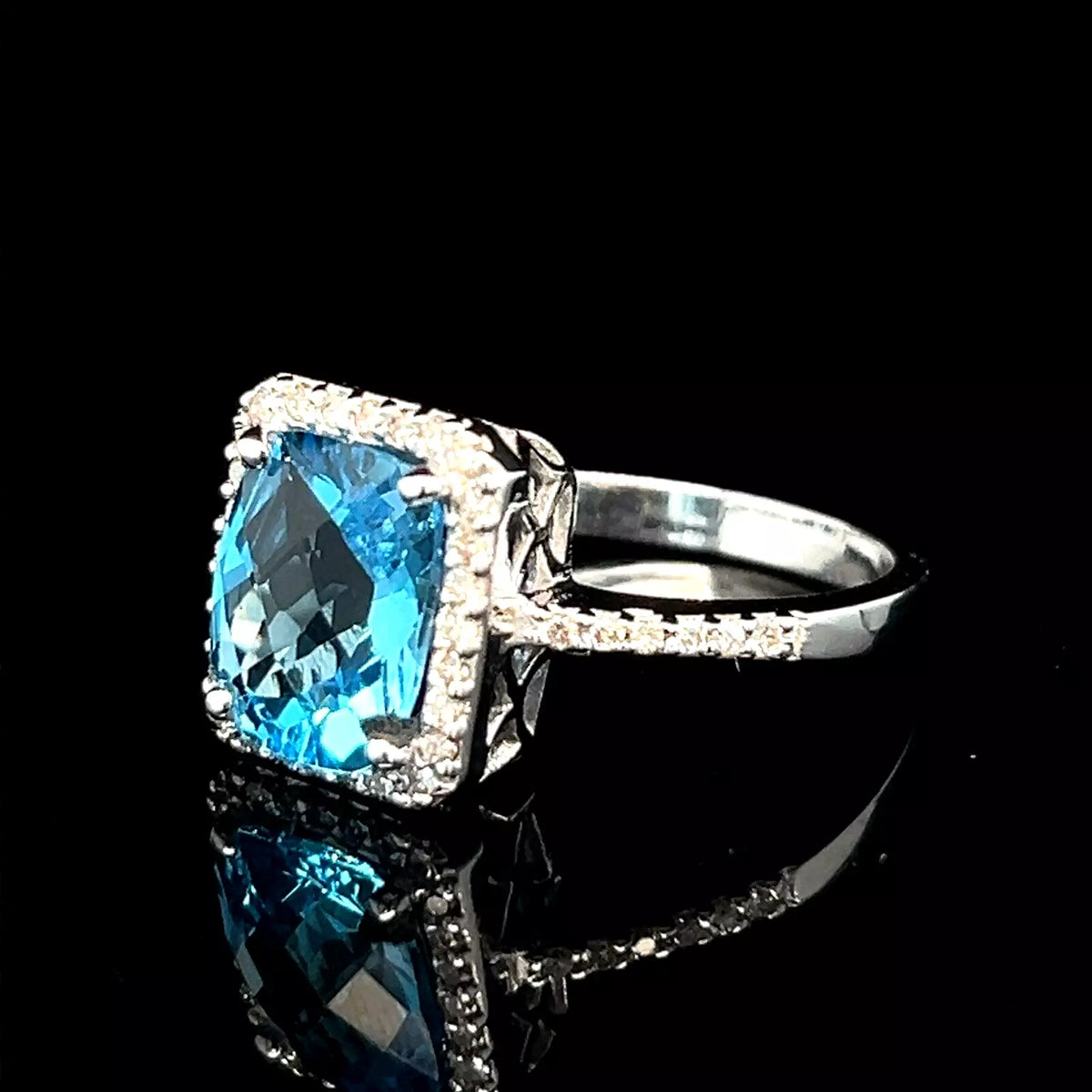 Vintage Estate 14k White Gold Blue Topaz and Diamond Halo Ring Size 10