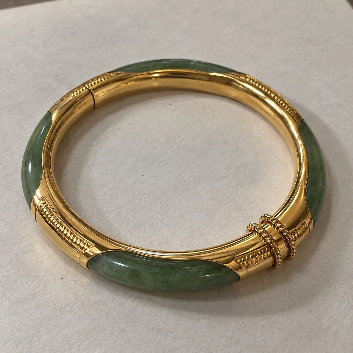 Vintage 14K Yellow Gold & Green Jade Hinged Bangle Bracelet with Safety Chain
