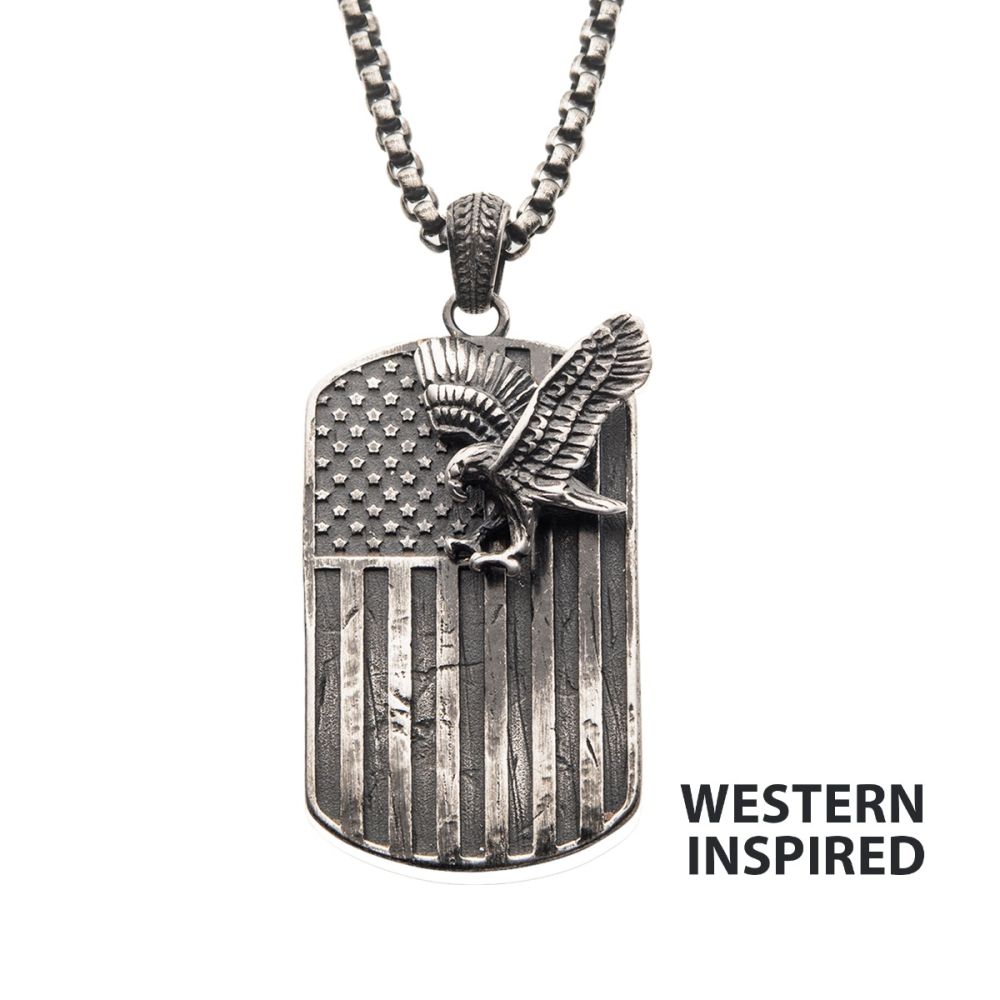 Gun Metal IP Rugged American Flag with Polished Steel 3D Eagle Pendant by Inox
