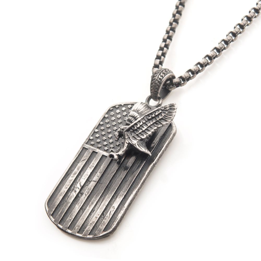 Gun Metal IP Rugged American Flag with Polished Steel 3D Eagle Pendant by Inox