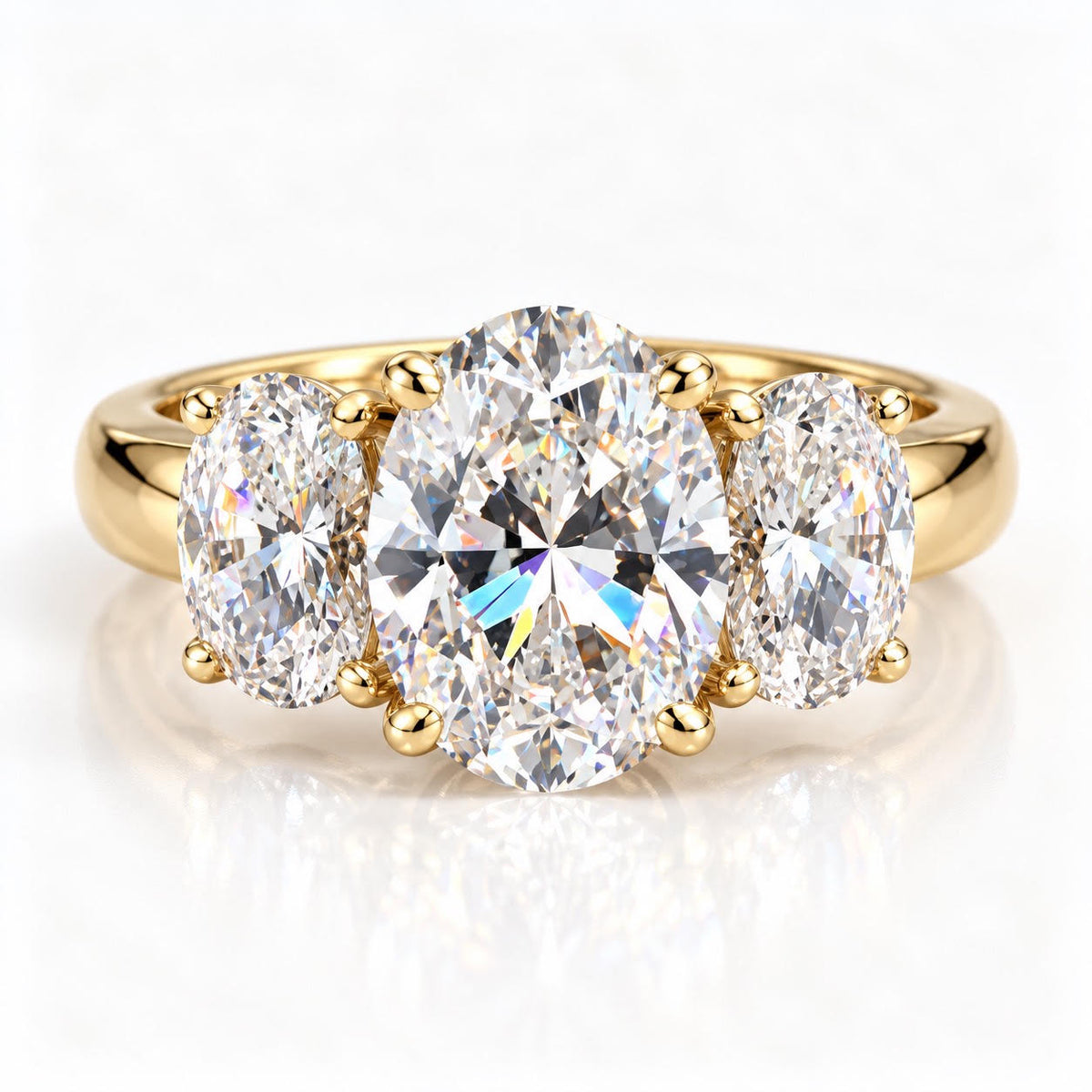 14K Yellow Gold 3-Stone Oval CZ Ring 9x7mm Center 7x5mm Side Stones -In Stock