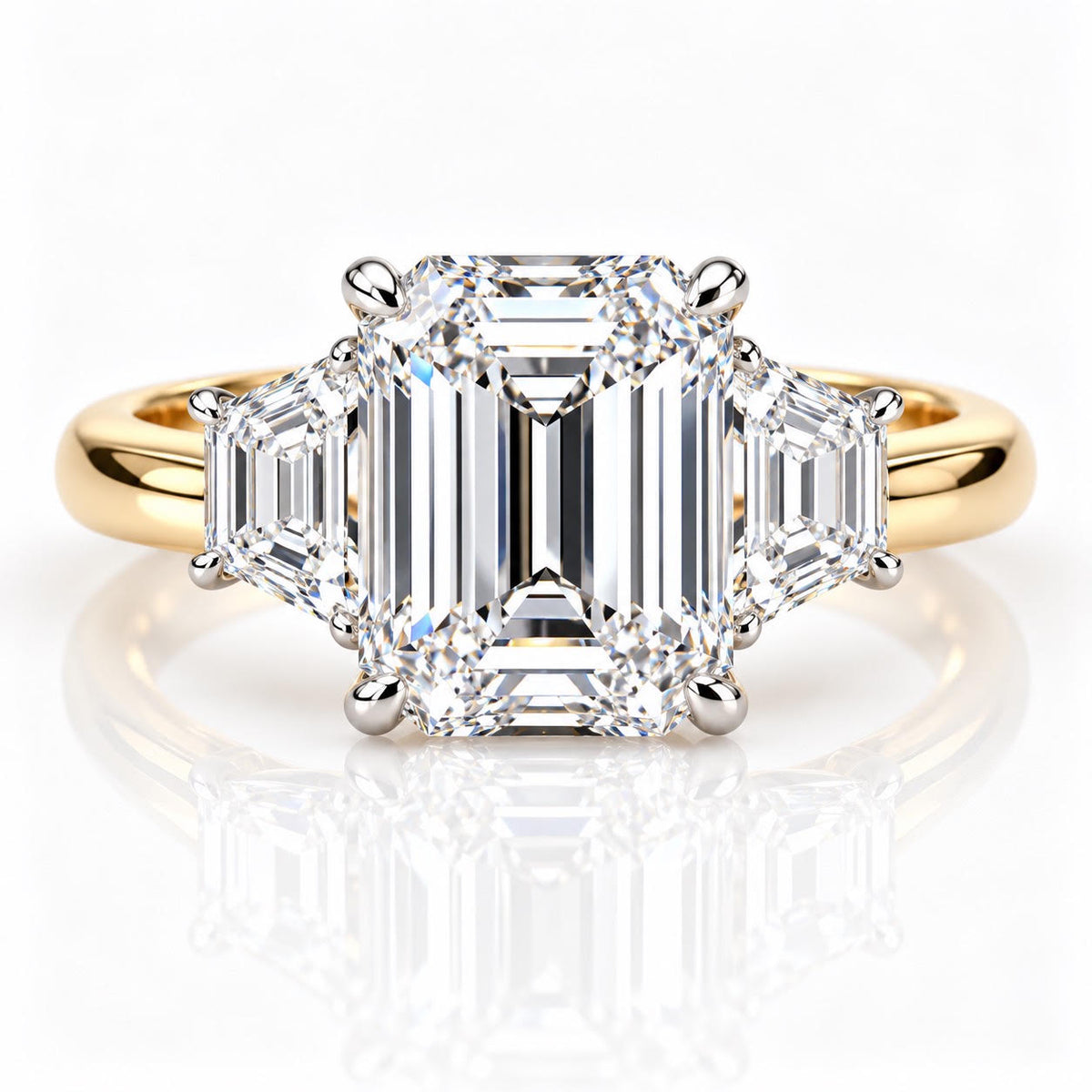 14K Yellow Gold Three stone Emerald Cut Lab Grown Diamond Ring. 3.76 CTW