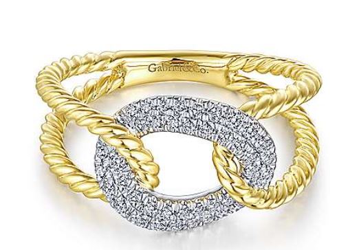 14K Yellow and White Gold Twisted Rope Link Ring with Diamond Pavé Station