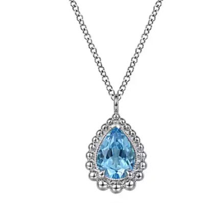 925 Sterling Silver Swiss Blue Topaz Bujukan Pear Shape Necklace With Pattern