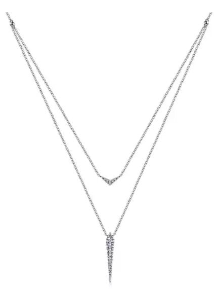 14K White Gold Layered Pavé Diamond Bar and Spike Pendant Necklace