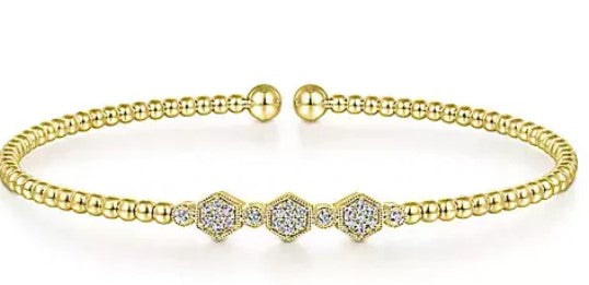 14K Yellow Gold Bujukan Bead Cuff Bracelet with Cluster Diamond Hexagon Stations by Gabriel