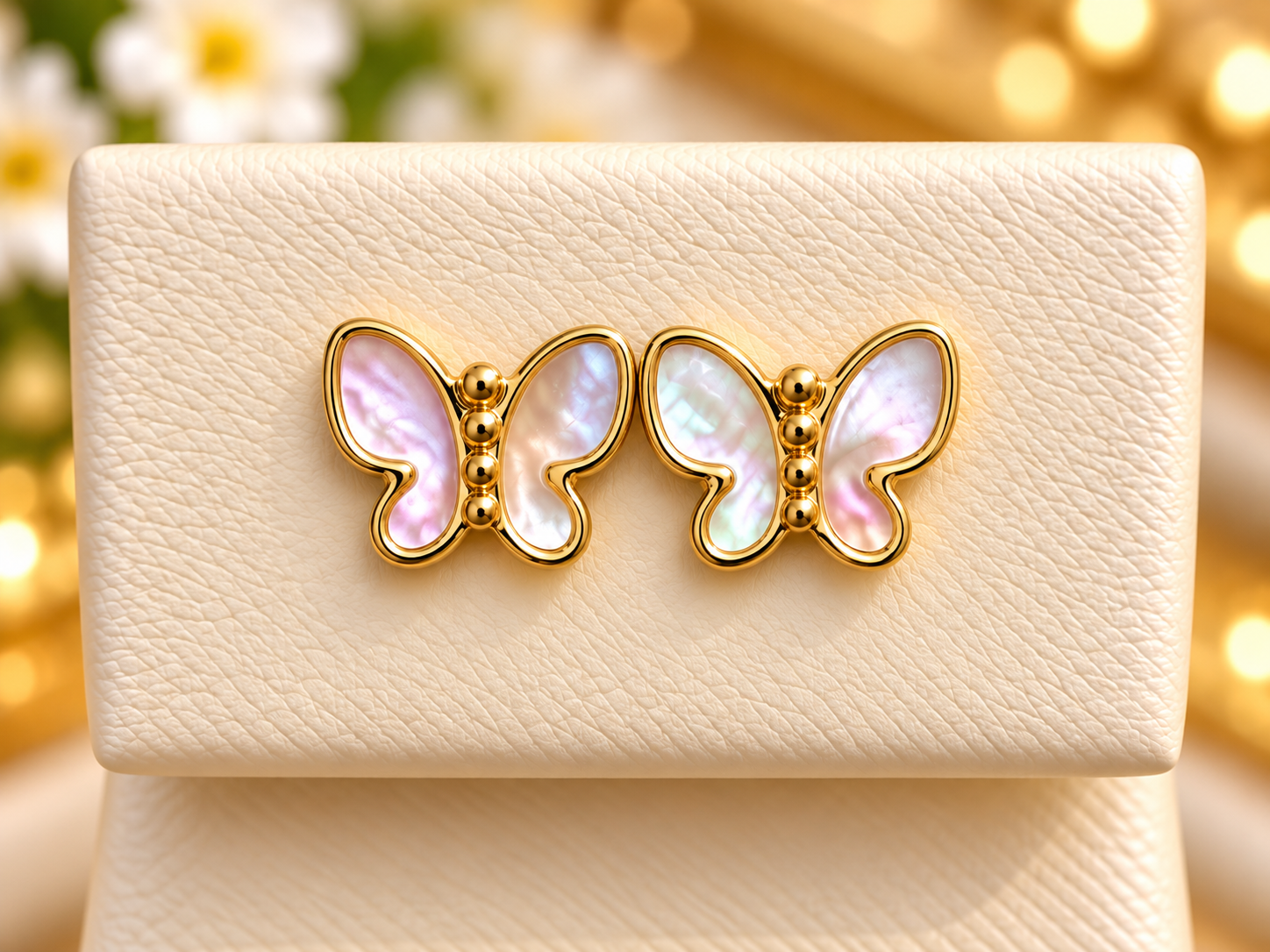 14K Yellow Gold Mother-of-Pearl Children Butterfly Stud Earrings – Elegant Iridescent Wings
