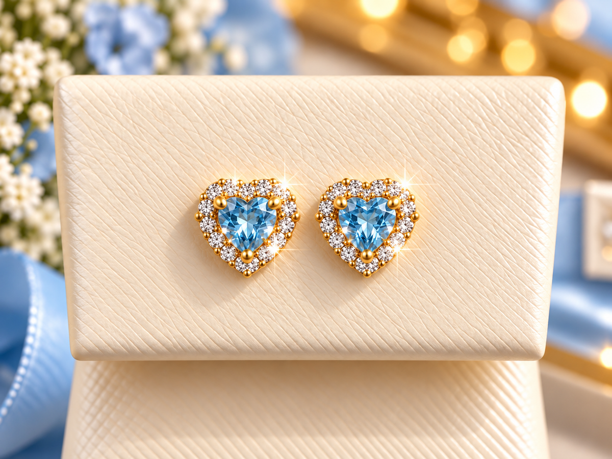 14K Yellow Gold Children Light Blue Heart Halo Stud Earrings