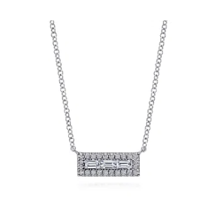 14K White Gold Baguette and Round Diamond Rectangle Pendant Necklace