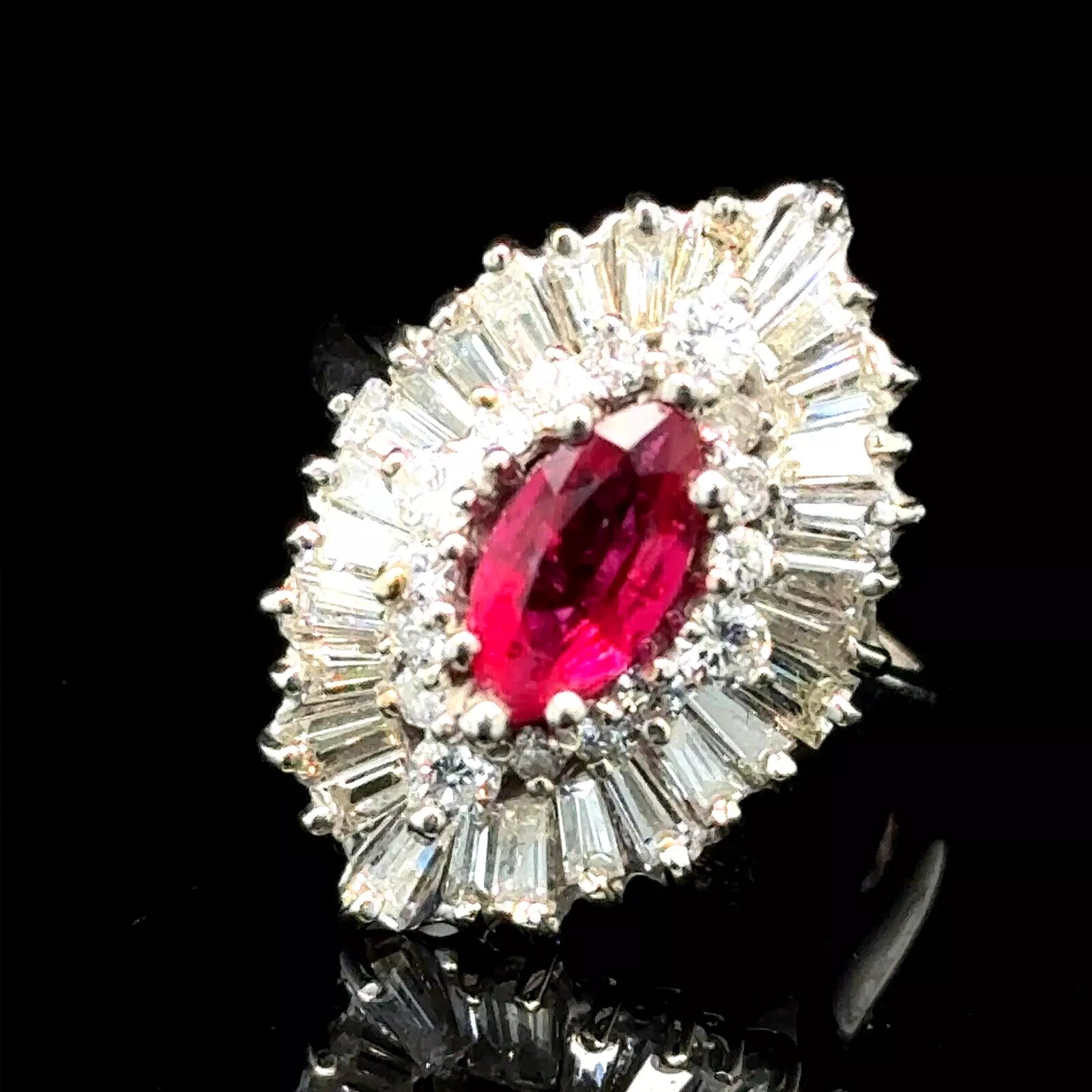 Vintage Estate 14k White Gold Baguette Diamond Ballarina Cocktail Ring With Ruby