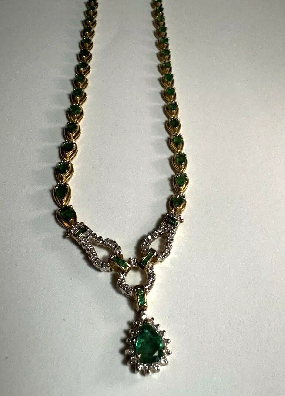 Vintage Estate 14k Gold Fine Precious Emerald And Diamond Toggle Necklace 1.00ct