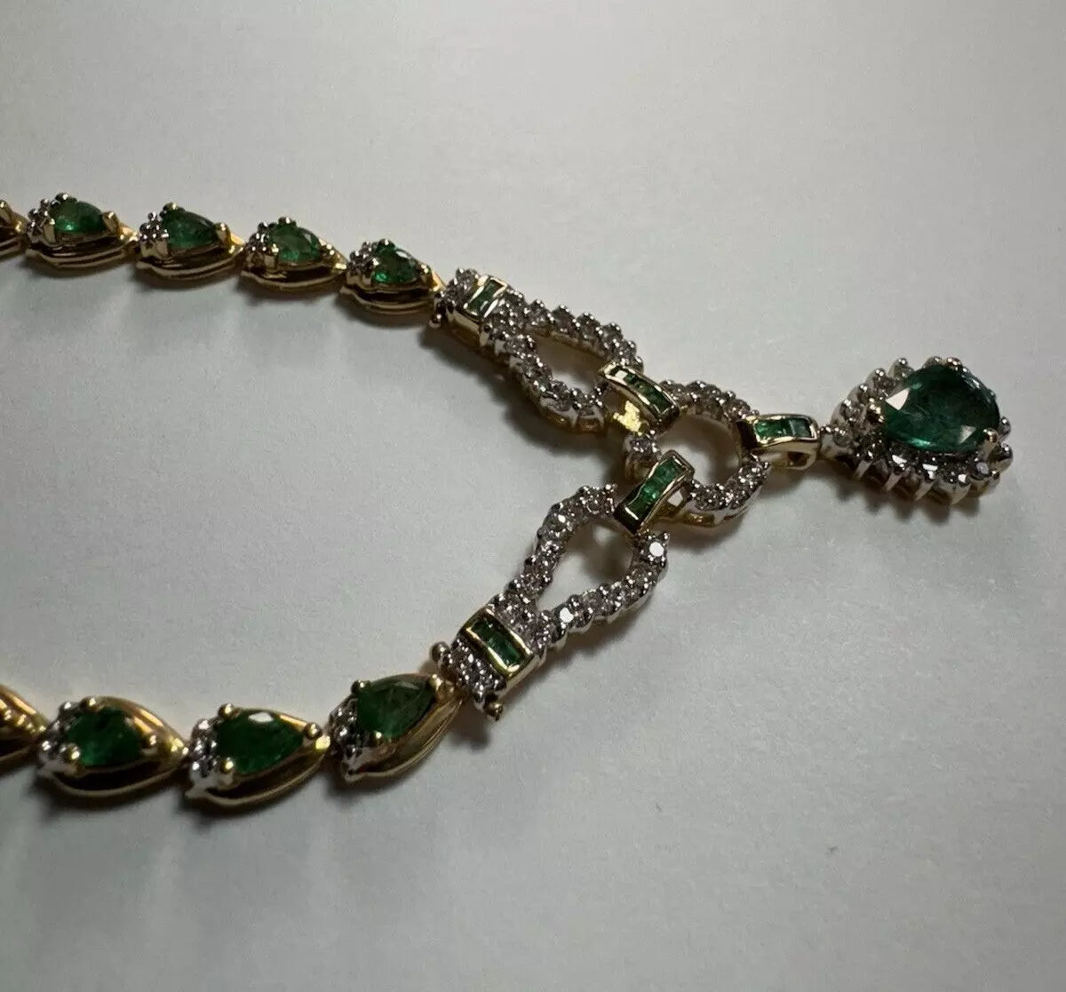 Vintage Estate 14k Gold Fine Precious Emerald And Diamond Toggle Necklace 1.00ct