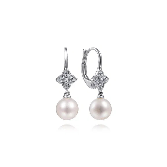 14K White Gold Floral Diamond Pearl Drop Earrings