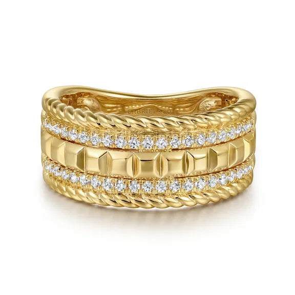 14K Yellow Gold Diamond and Rope Wide Band Ladies Ring