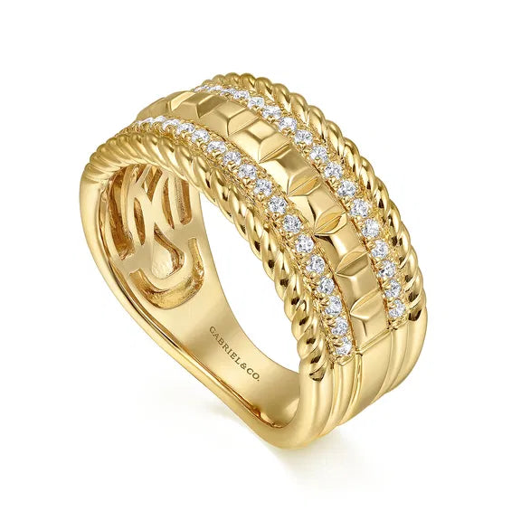 14K Yellow Gold Diamond and Rope Wide Band Ladies Ring