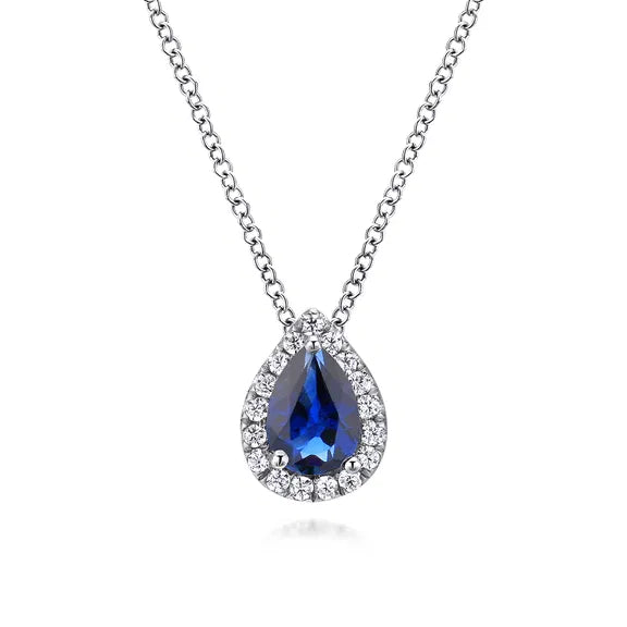 18 inch 14K White Gold Pear Shaped Sapphire and Diamond Halo Pendant Necklace