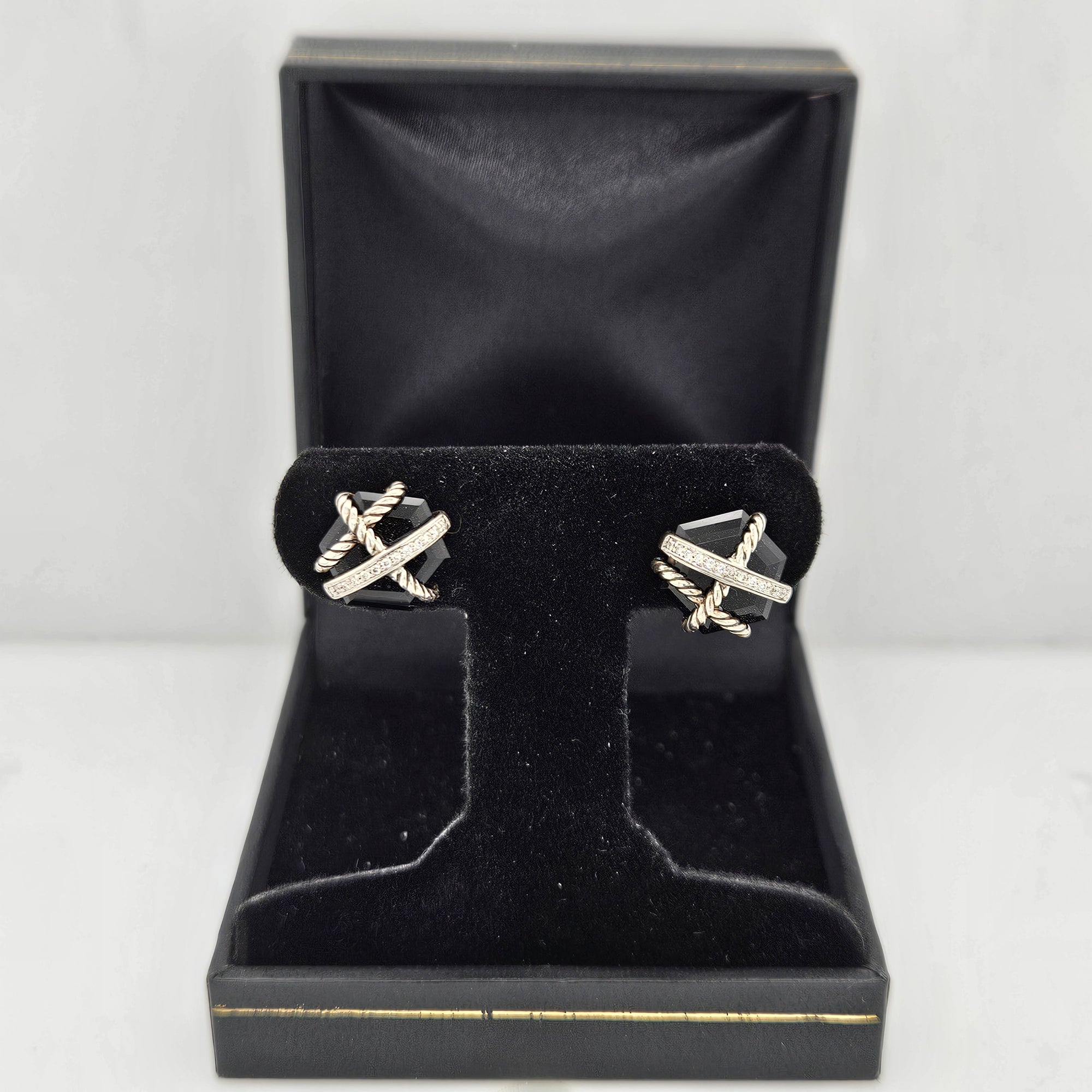 David Yurman Cable Wrap Earrings With Black Onyx & Diamonds, 10mm-Estate