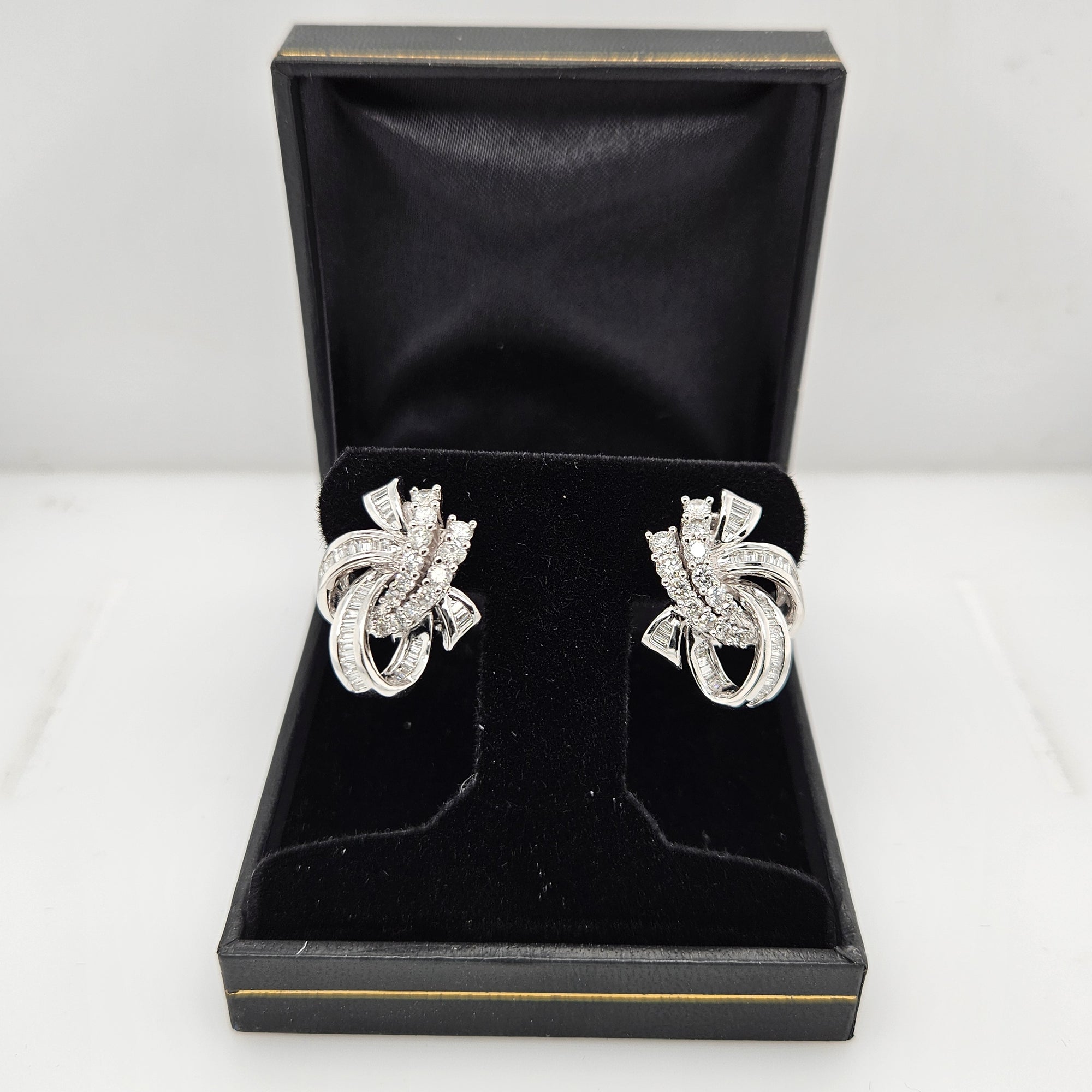 14K White Gold & Diamond Bow Earrings-Estate