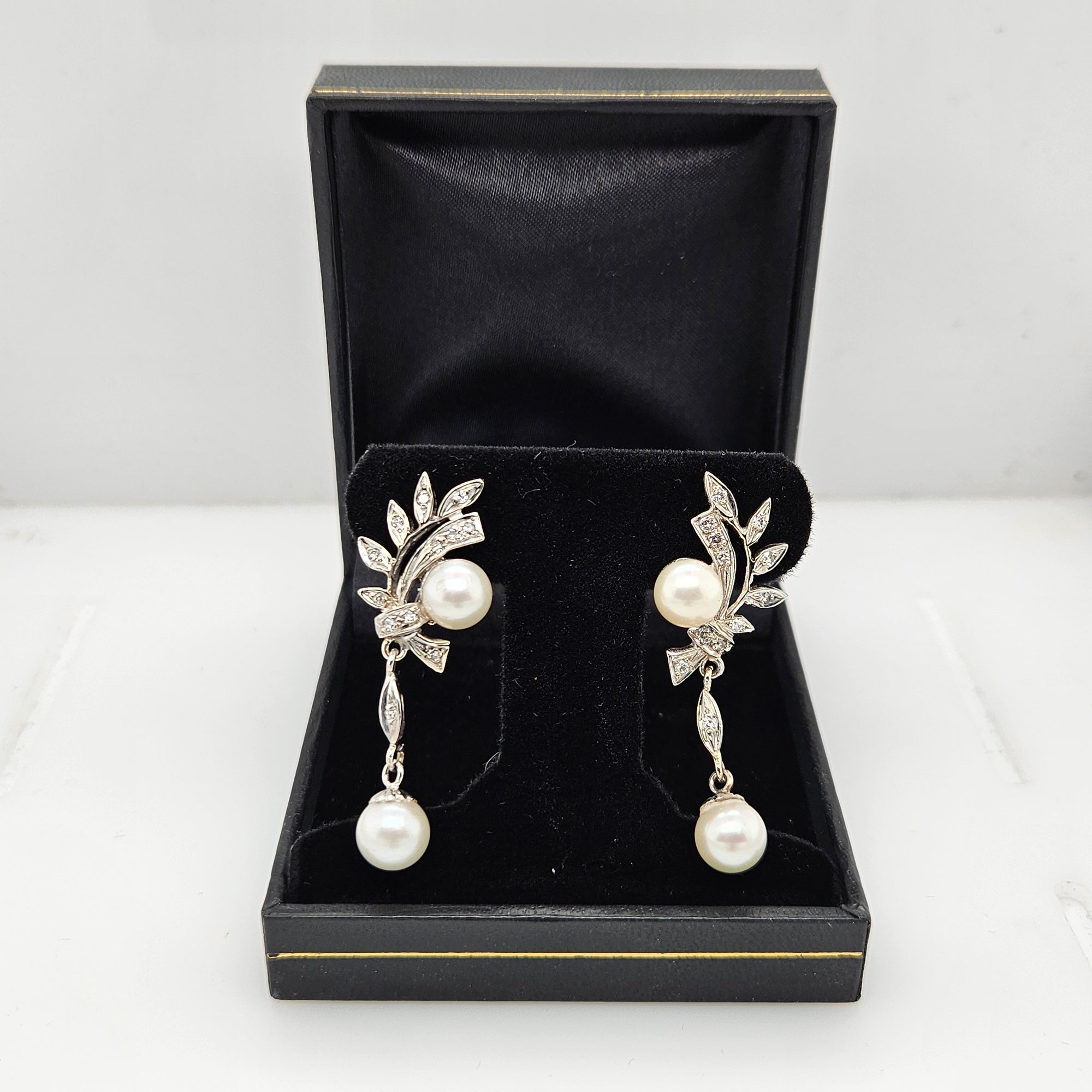 14K White Gold, Diamond & Pearl Antique Drop Earrings-Estate