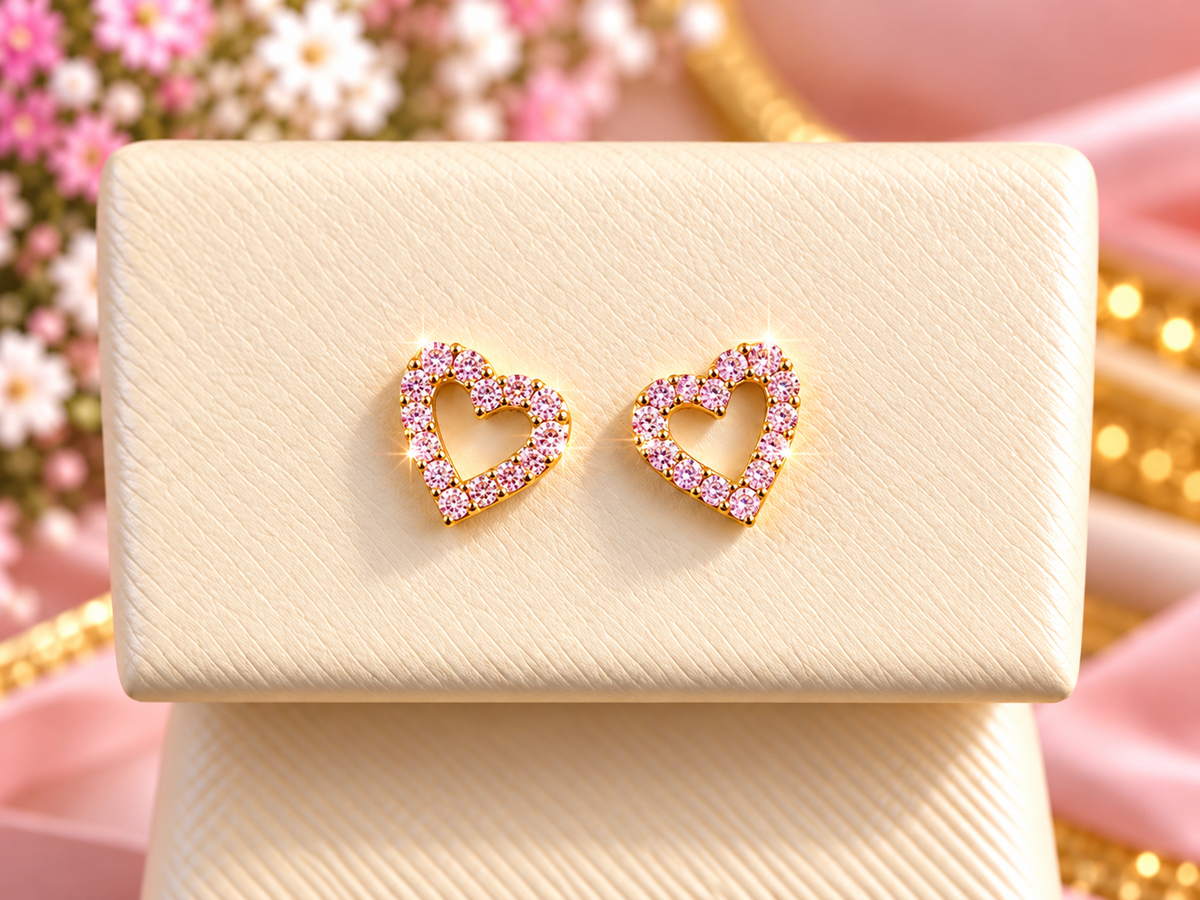 14K Yellow Gold Children Pink Cubic Zirconia Open Heart Stud Earrings
