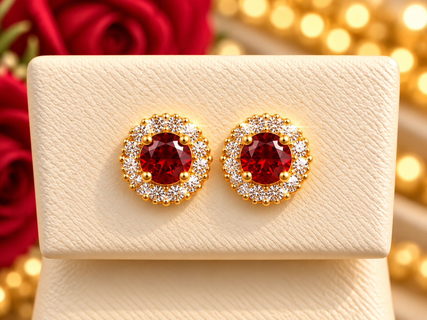 14K Yellow Gold Children Garnet & CZ Halo Stud Earrings