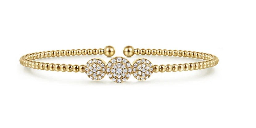 14K Yellow Gold Bujukan Bead Cuff Bracelet with Three Pave Diamond Stations