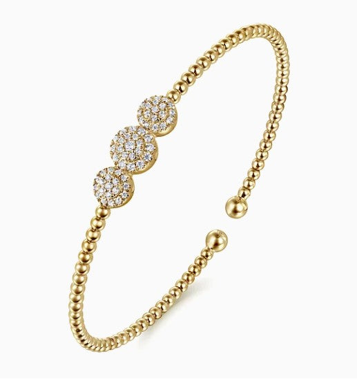 14K Yellow Gold Bujukan Bead Cuff Bracelet with Three Pave Diamond Stations